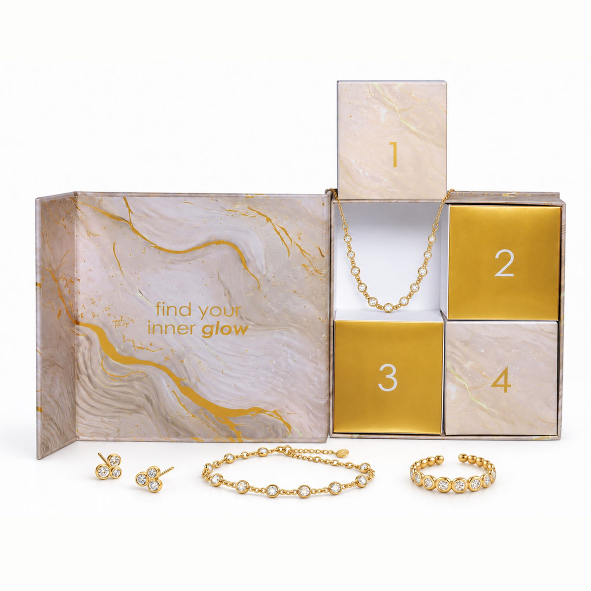 Schmuckset Damen Edelstahl – Adventsbox Radiance in Gold, gestylt