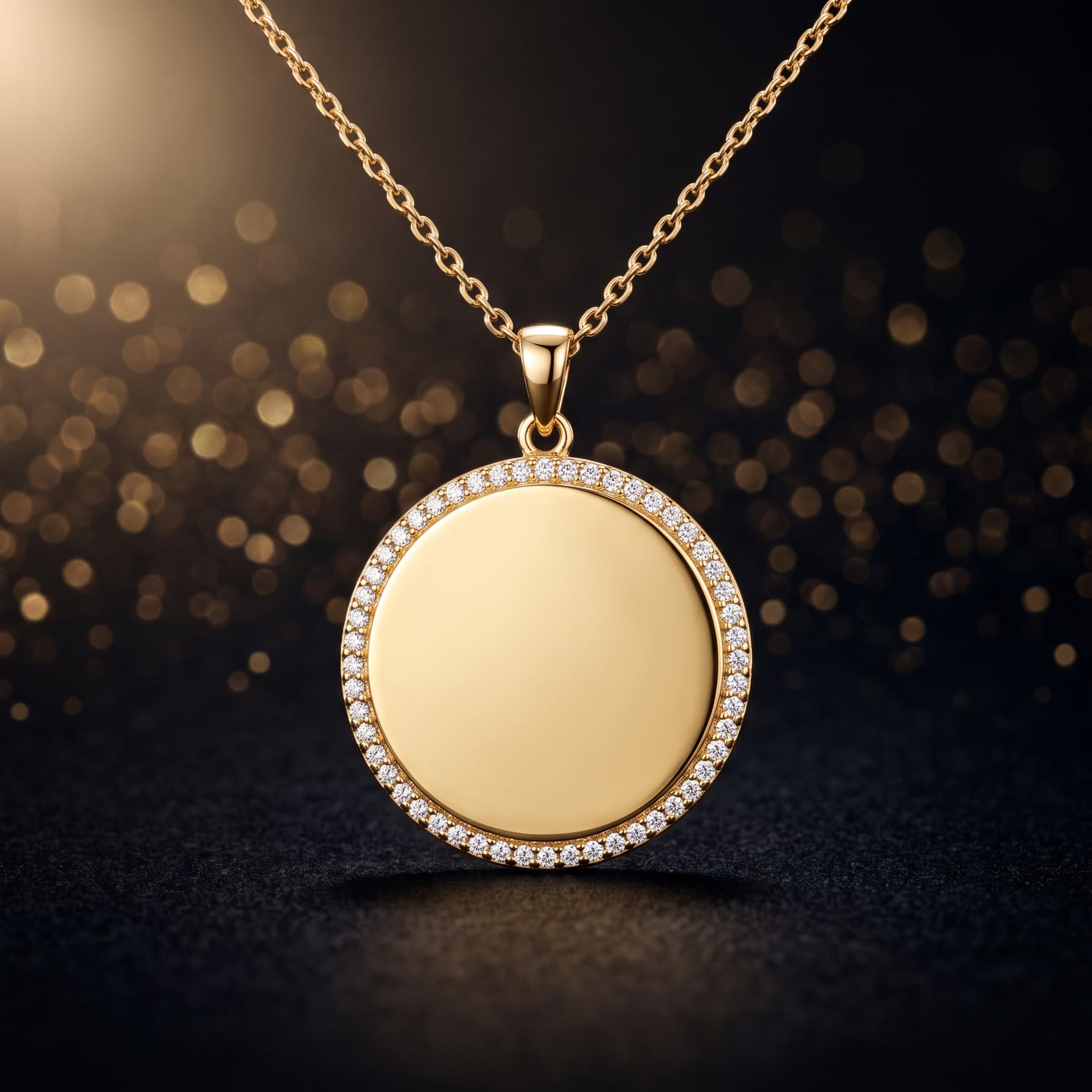 Runde Gravurplatte aus 18K vergoldetem Edelstahl mit Zirkonia-Rand an einer Kette