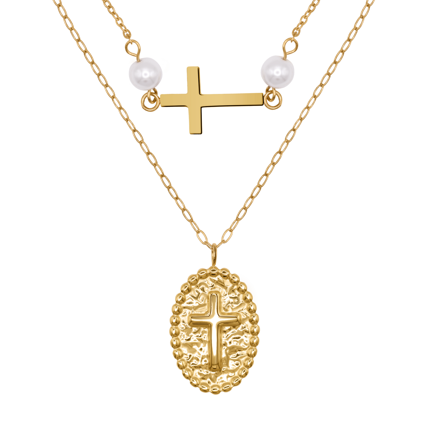 Halskette Damen Gold Vittoria in Gold, Produktansicht der zweisträngigen Kette mit weißer Perle