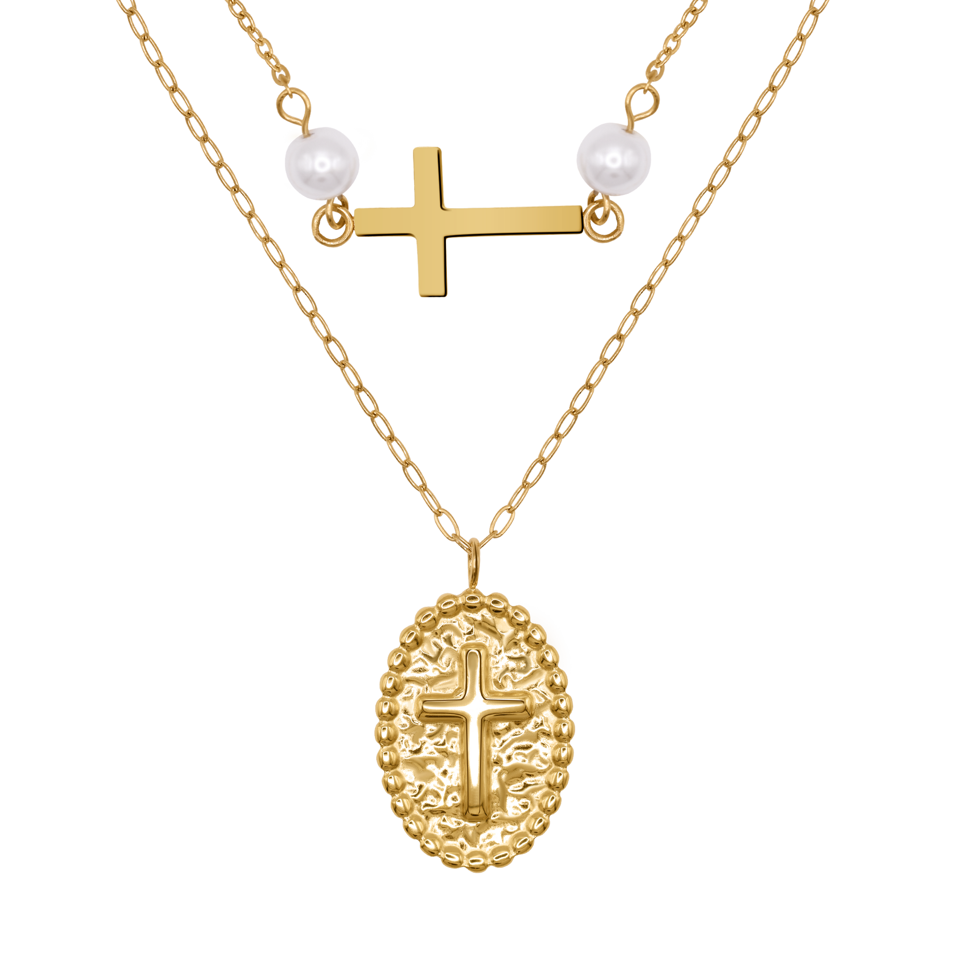Halskette Damen Gold Vittoria in Gold, Produktansicht der zweisträngigen Kette mit weißer Perle