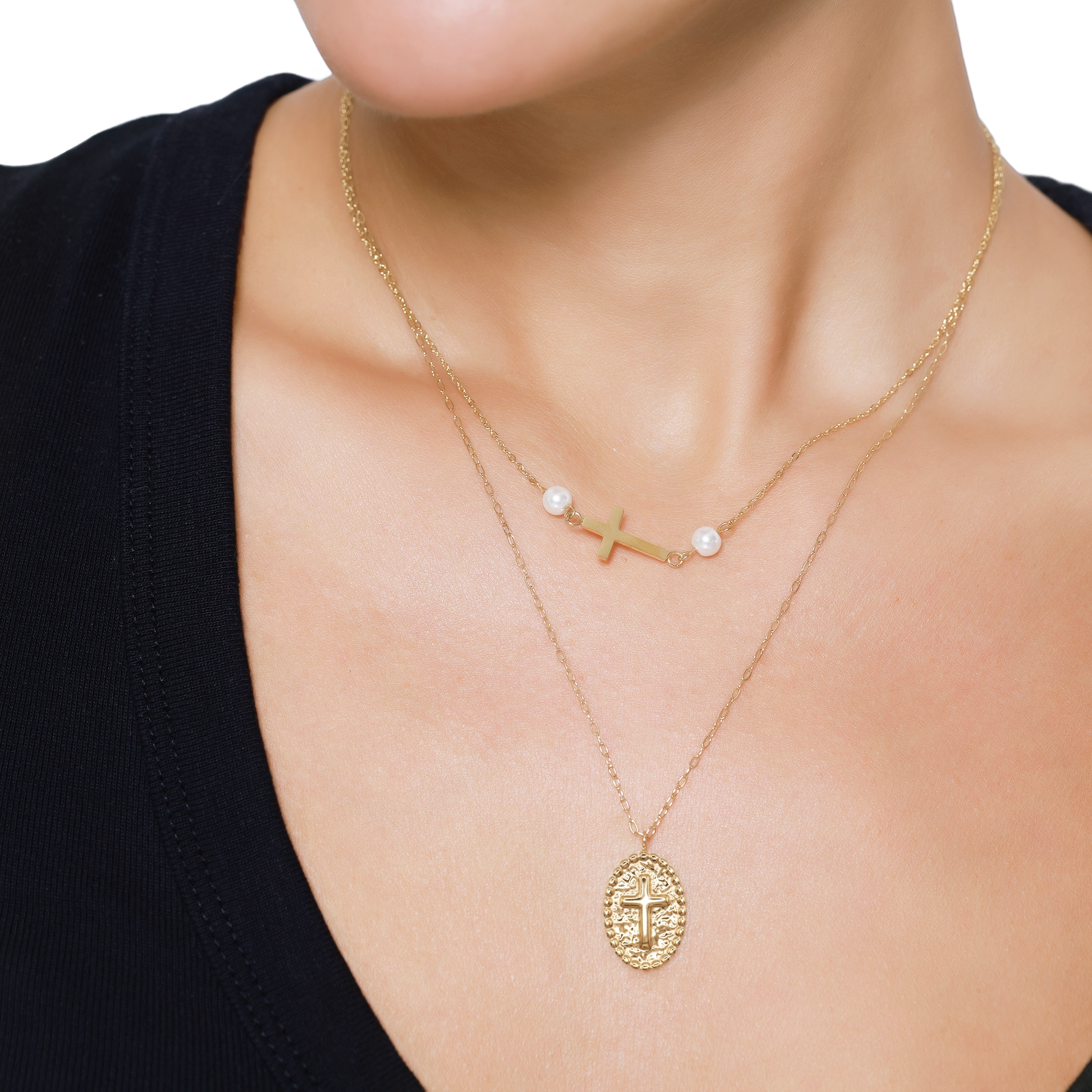 Halskette Damen Gold Vittoria in Gold, Detailaufnahme von Balken und Perlenanhänger
