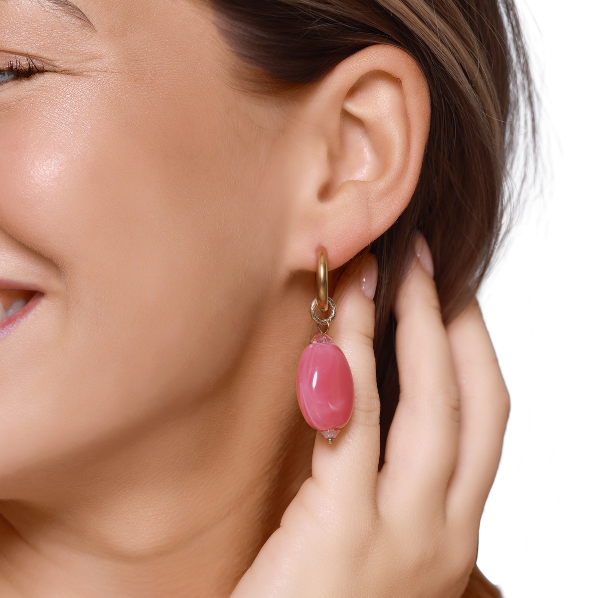 Ohrringe Damen Edelstahl Dione in Gold mit Stein Rose - Detailaufnahme