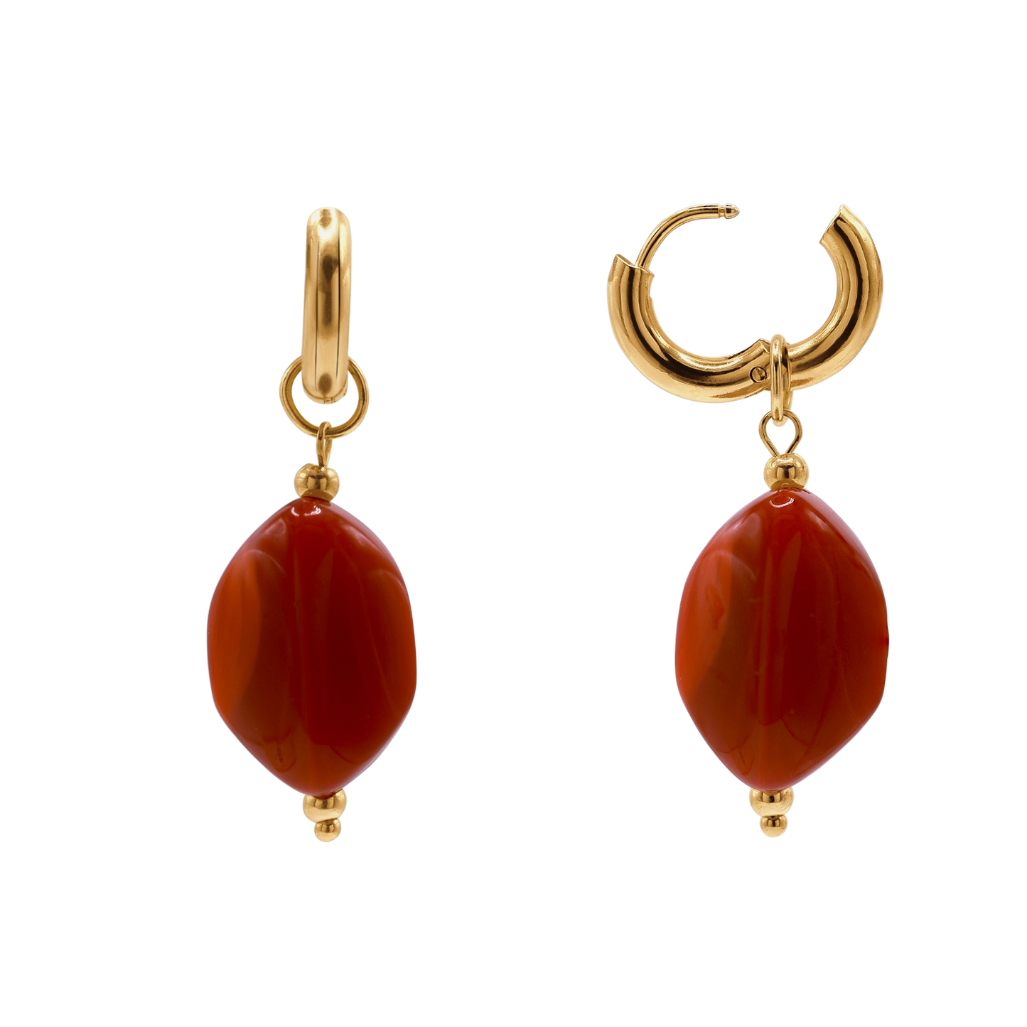 Ohrringe Damen Edelstahl Nefeli in Gold mit Stein Padparadscha gestylt zum Outfit